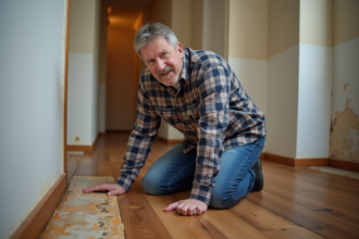 Homme examine des planches déformées dans une maison Tennessee