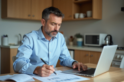 Homme d'âge moyen examine documents de location dans une cuisine moderne