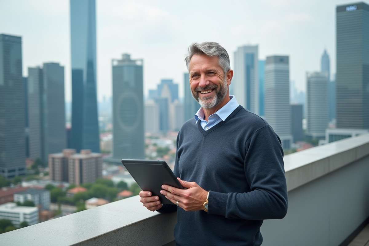 Homme souriant sur un toit avec vue sur la ville