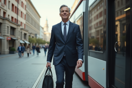 Homme d'âge moyen en costume sortant d'un tram urbain