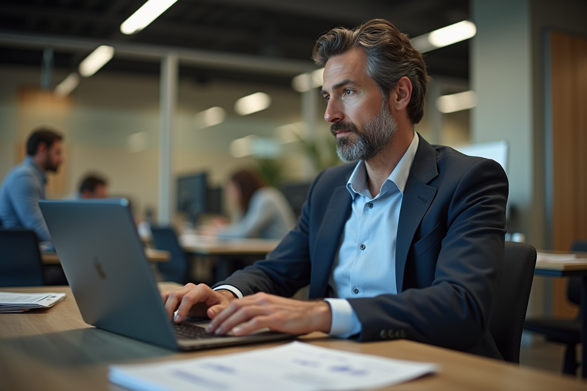 Homme en costume travaillant sur un ordinateur dans un espace coworking