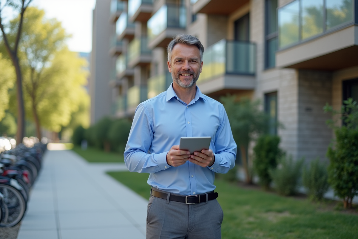 Homme d affaires tenant une tablette devant un immeuble en ville