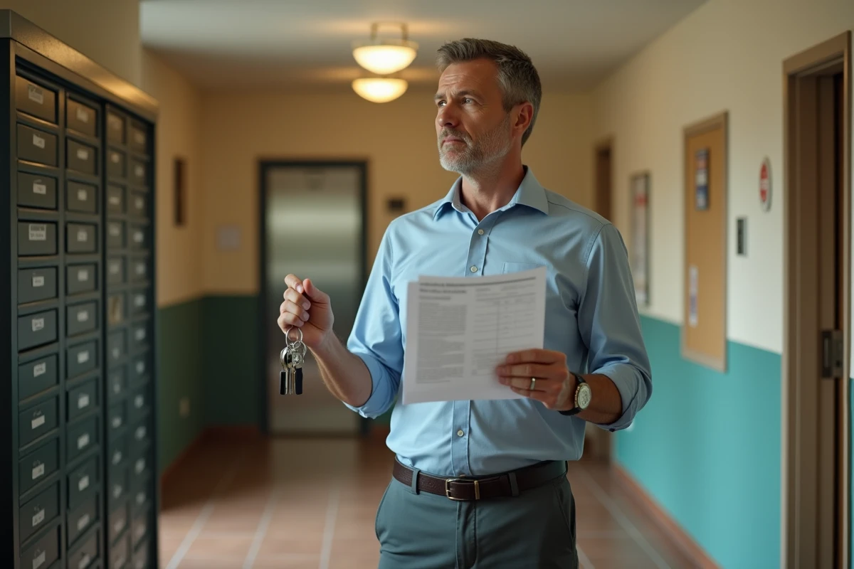 Homme dans le couloir vérifiant un avis de paiement