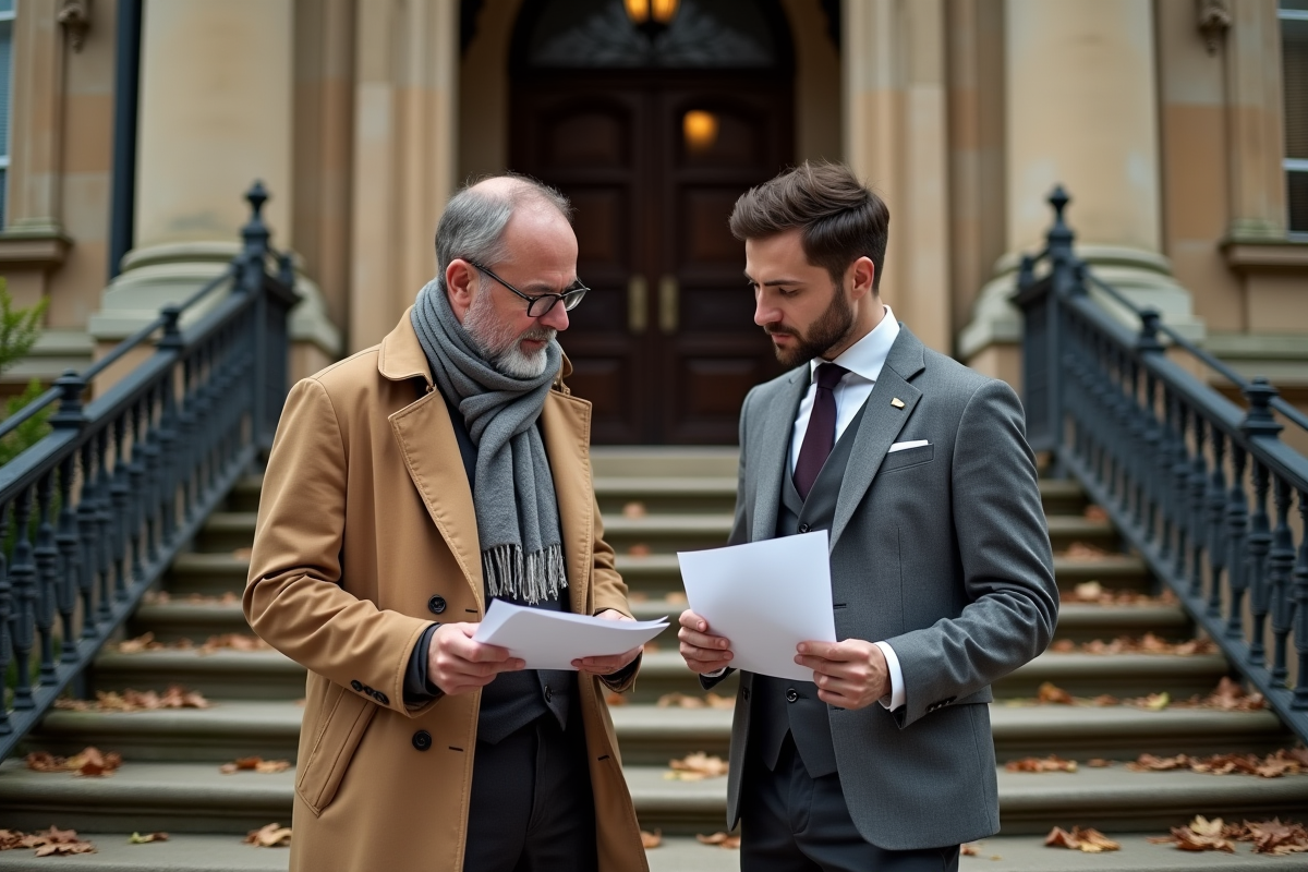 Deux hommes discutent devant un palais de justice ancien