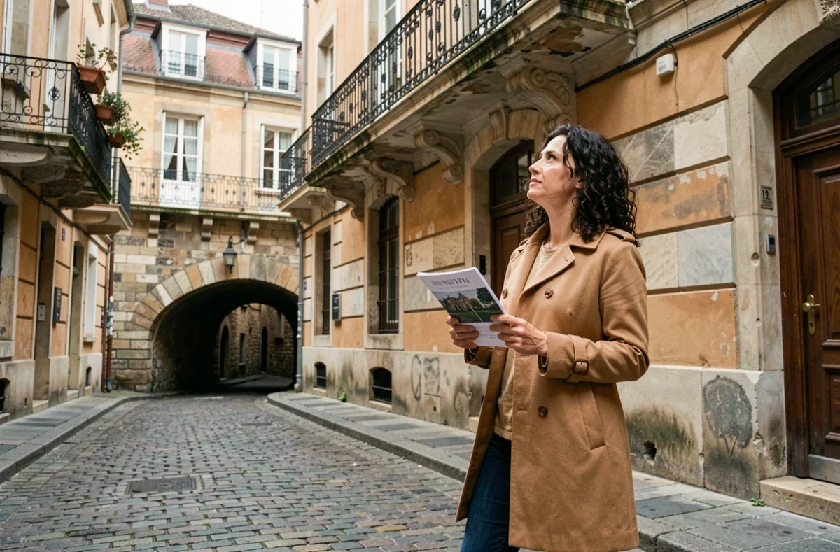 Femme évaluant un immeuble ancien en pierre dans le Vieux-Lyon, représentant l'investissement immobilier dans l'ancien à Lyon