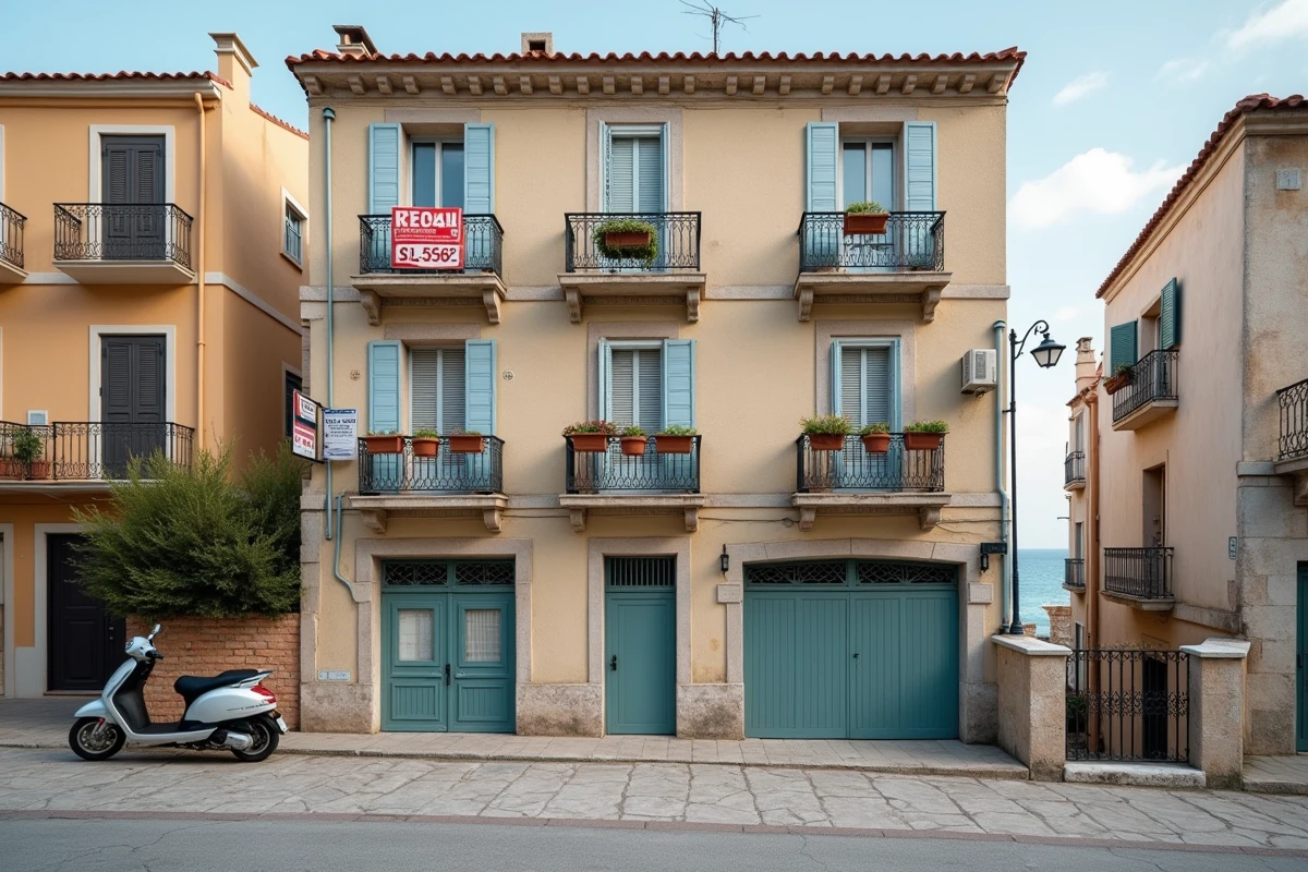 Façade d'immeuble en bord de mer avec panneau de vente appartement vue mer affiché sur un balcon en Méditerranée
