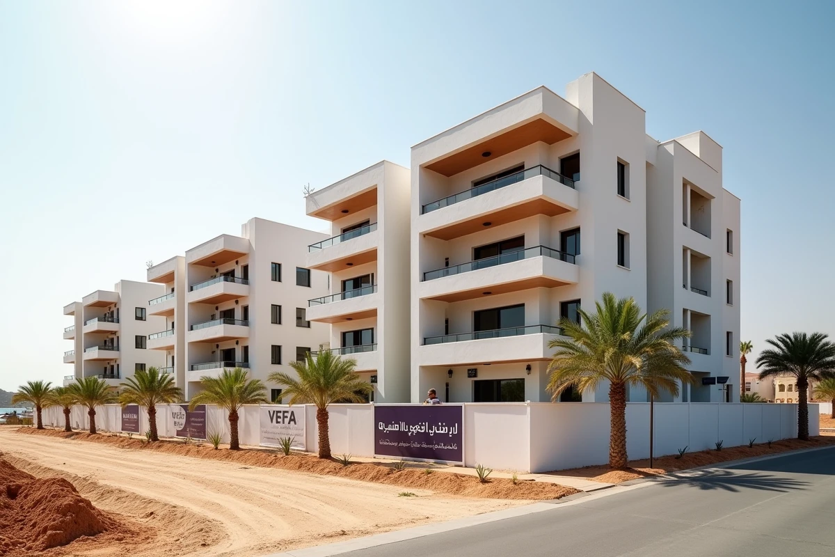 Immeuble résidentiel neuf en VEFA avec balcons et palmiers dans un quartier d'Agadir au Maroc