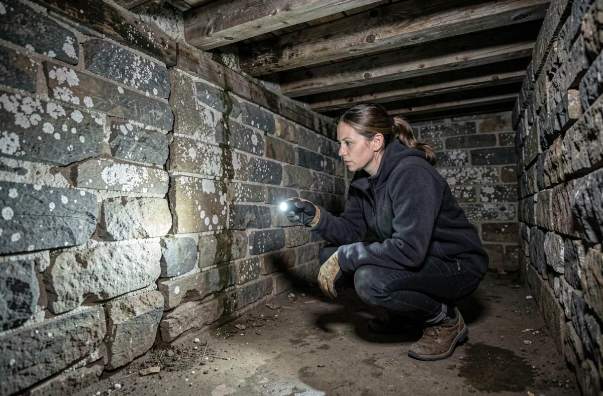 Femme inspectant les fissures et l'humidité dans la cave d'une longère en Normandie