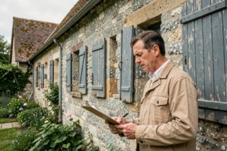 Inspecteur immobilier examinant la façade en pierre d'une longère normande avant achat
