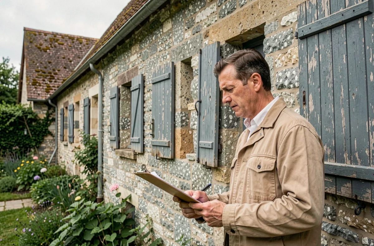 Inspecteur immobilier examinant la façade en pierre d'une longère normande avant achat