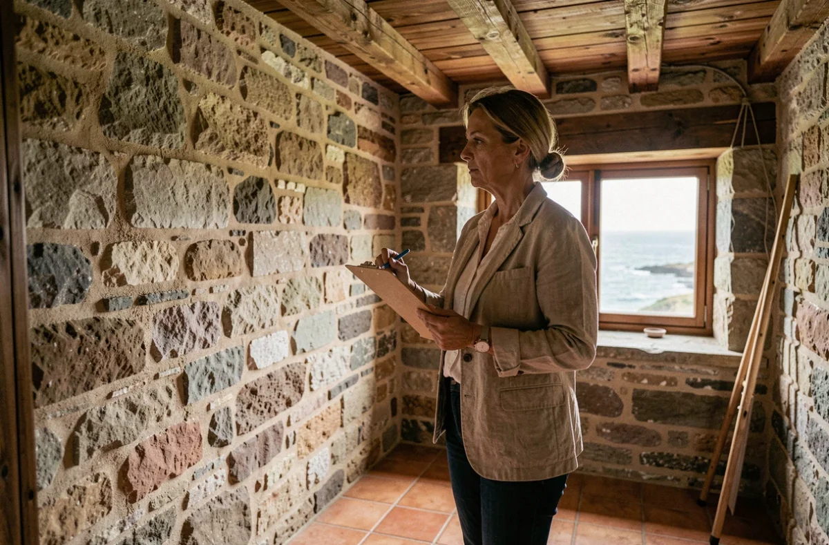 Inspection intérieure d'une maison de pêcheur bretonne avant achat, murs en pierre et poutres apparentes