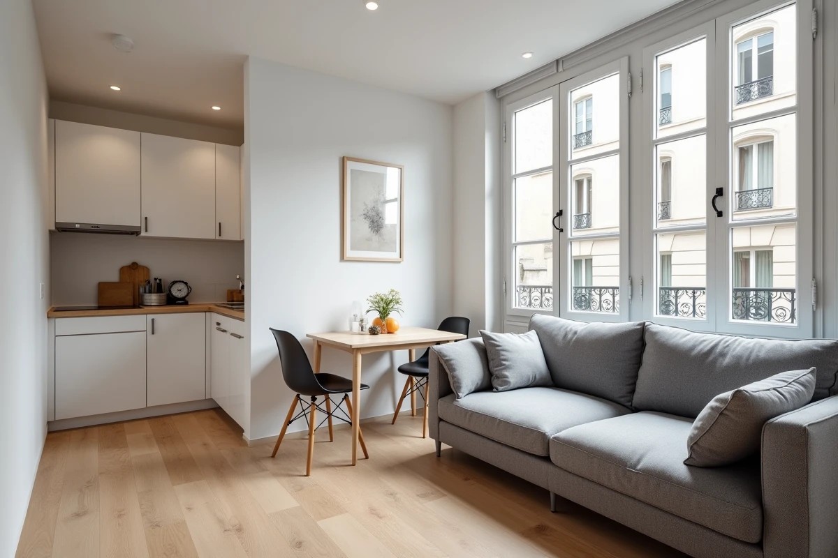 Intérieur d'un appartement T2 meublé avec salon et cuisine ouverte, parquet en chêne et vue sur rue haussmannienne, idéal pour investissement locatif