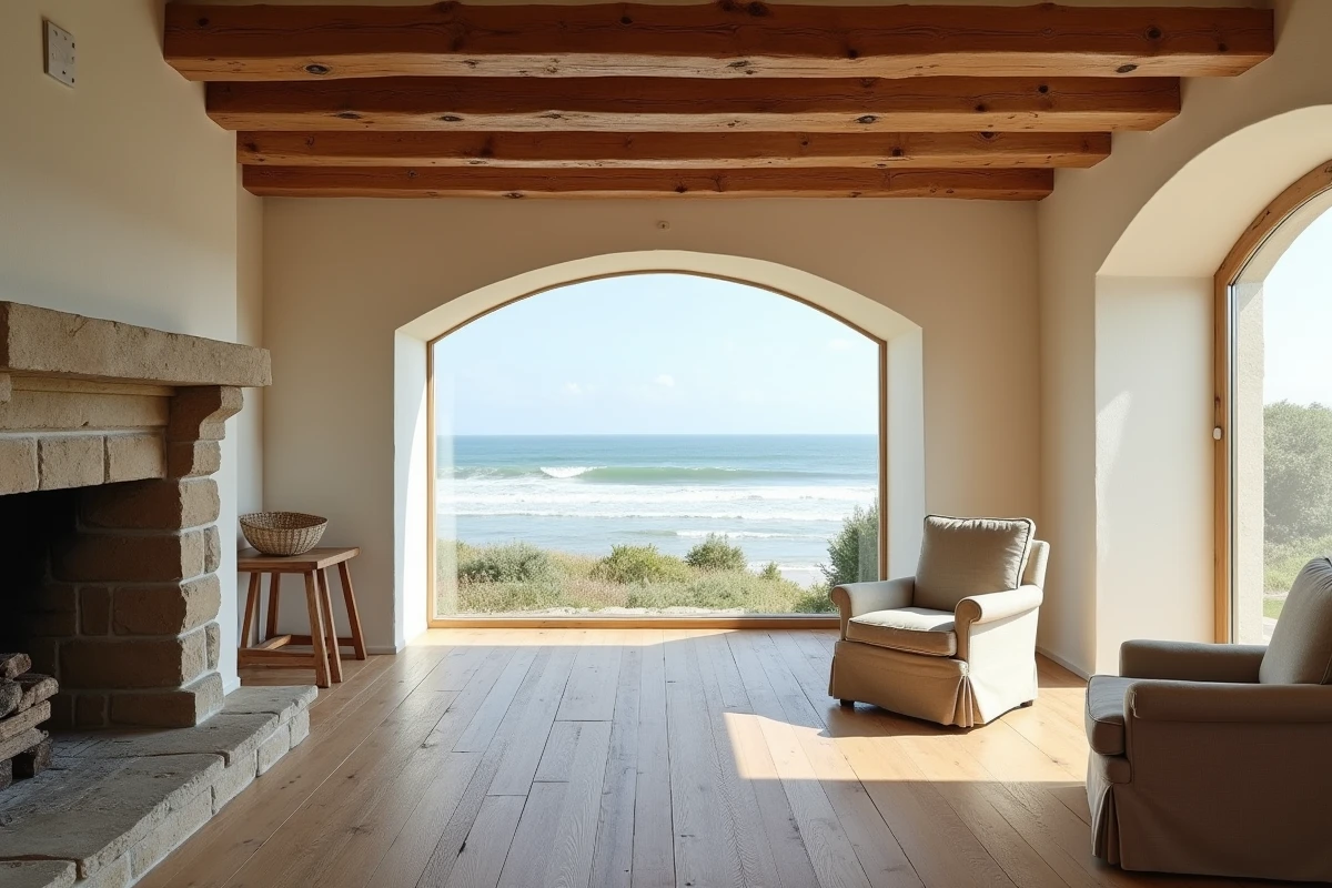 Intérieur d'une maison normande rénovée avec poutres apparentes et vue mer depuis le salon