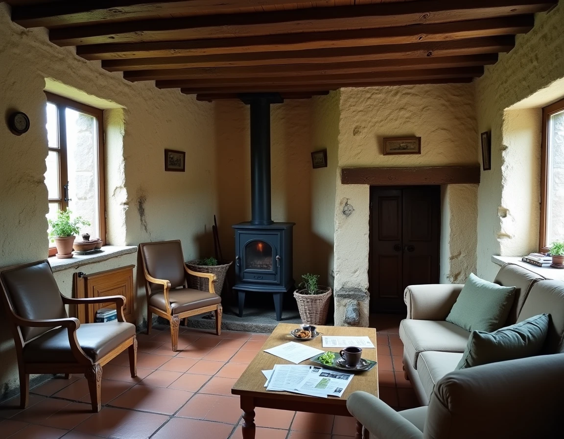 Intérieur authentique d'une maison de pêcheur bretonne avec poutres apparentes, cheminée en fonte et documents immobiliers sur la table