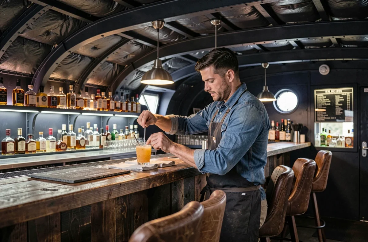 Intérieur d'une péniche bar à Lyon avec comptoir en bois brut et ambiance industrielle chic