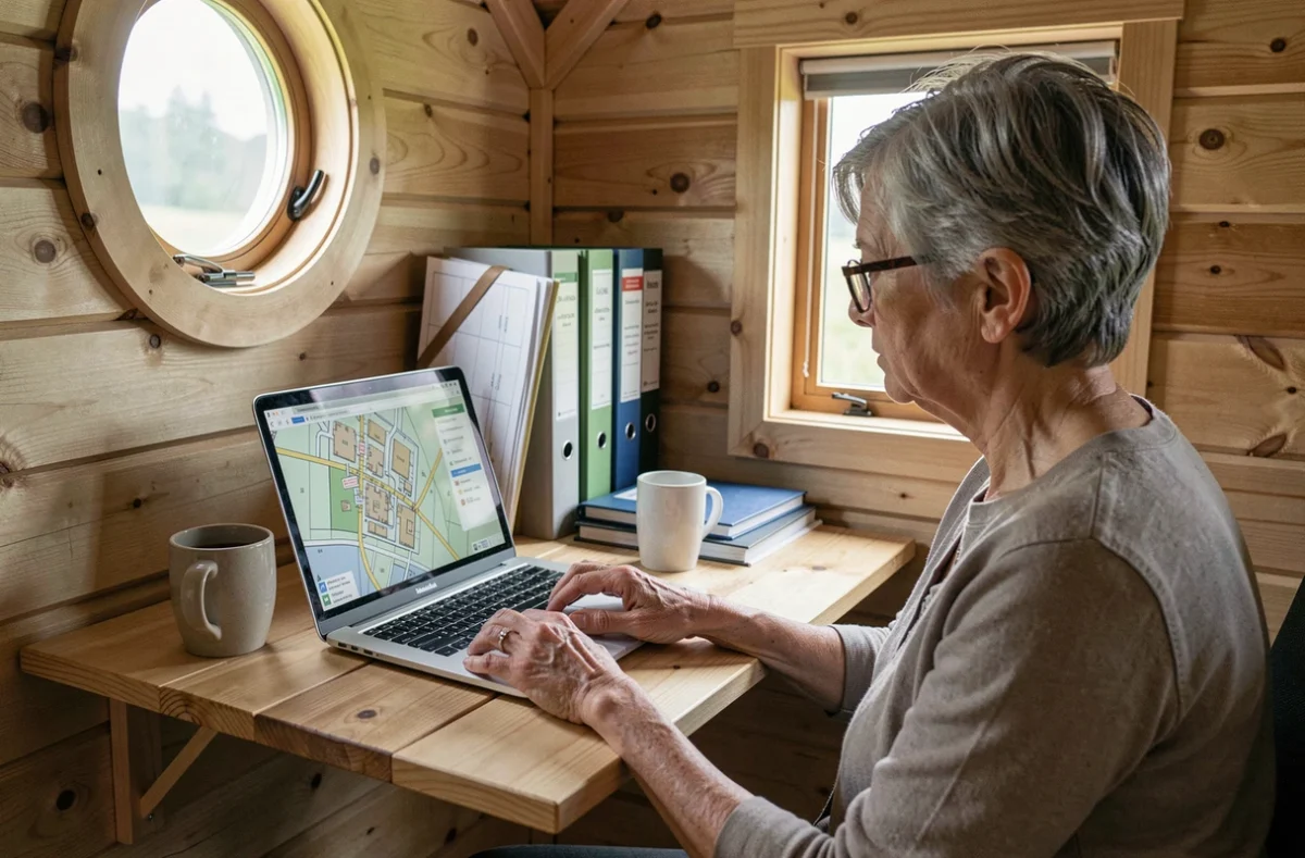 Intérieur de tiny house aménagé en bureau pour gérer les démarches légales sur terrain non constructible