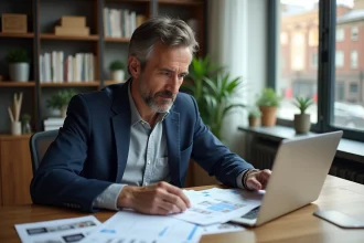 Investisseur immobilier analysant des documents de rendement locatif dans un bureau moderne