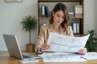 Jeune femme investisseuse immobilière analysant des plans de T2 sur un bureau en bois avec un ordinateur portable affichant un tableau de bord locatif