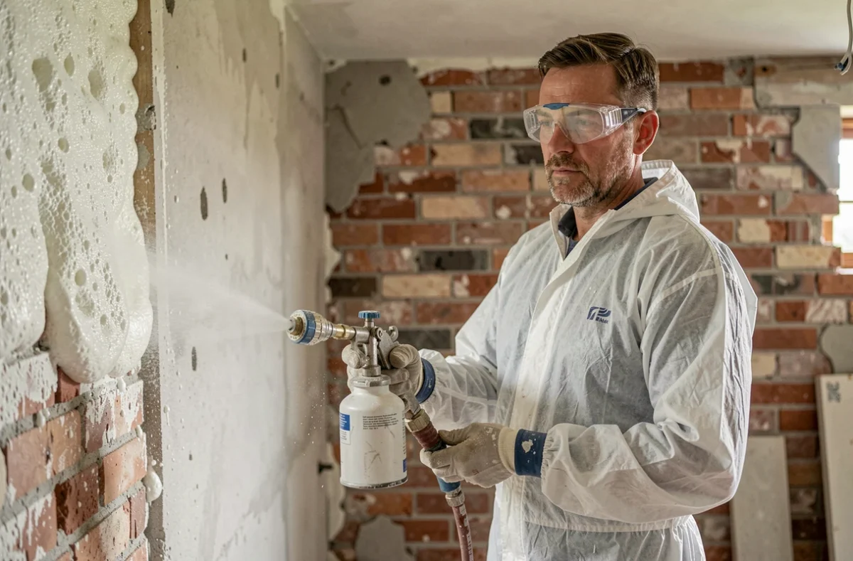 Spécialiste d'Iso Confort 59 appliquant une mousse d'isolation thermique sur un mur intérieur à Feignies