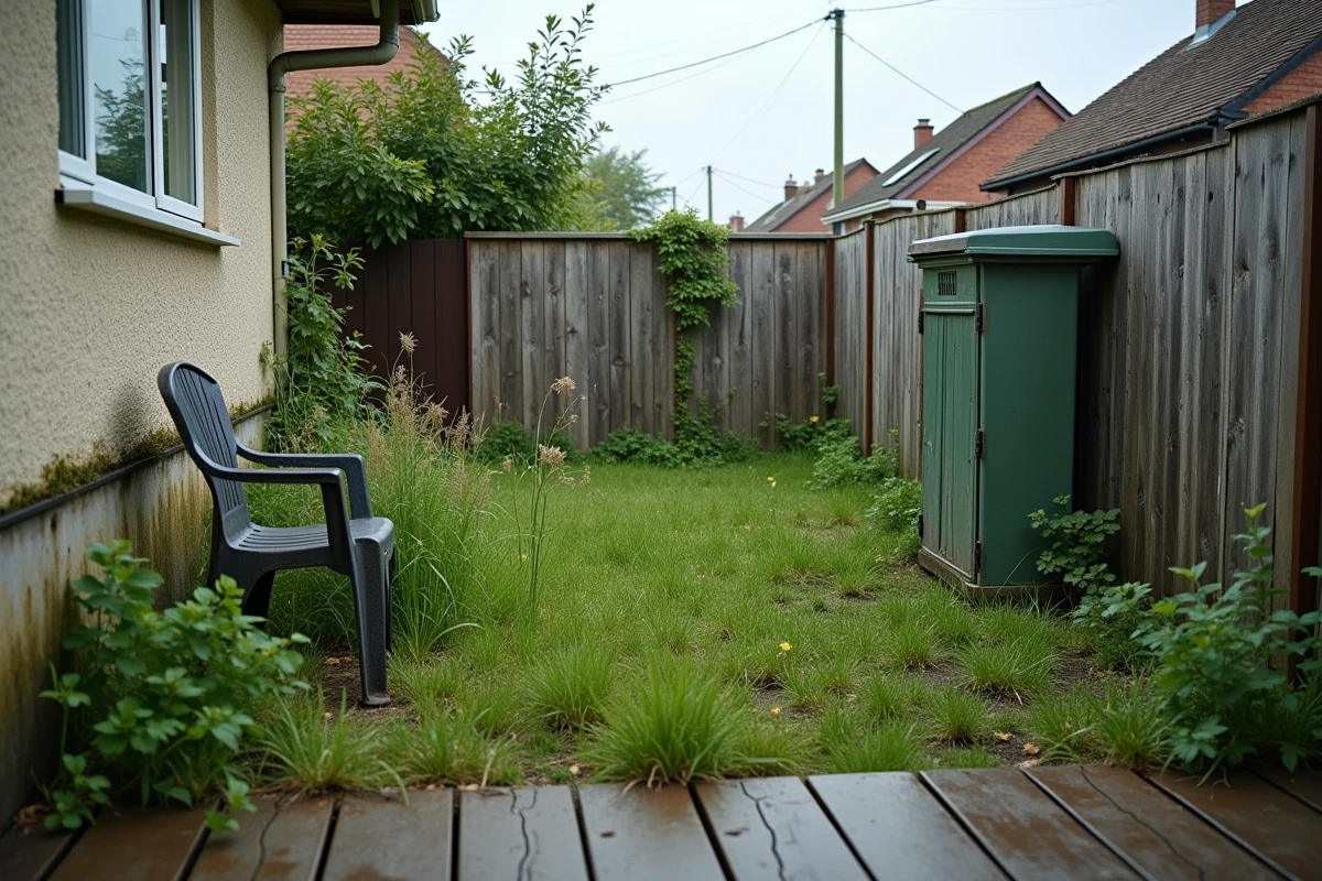 Jardin à l'abandon d'une maison en location à 600 euros avec végétation envahissante et mobilier rouillé