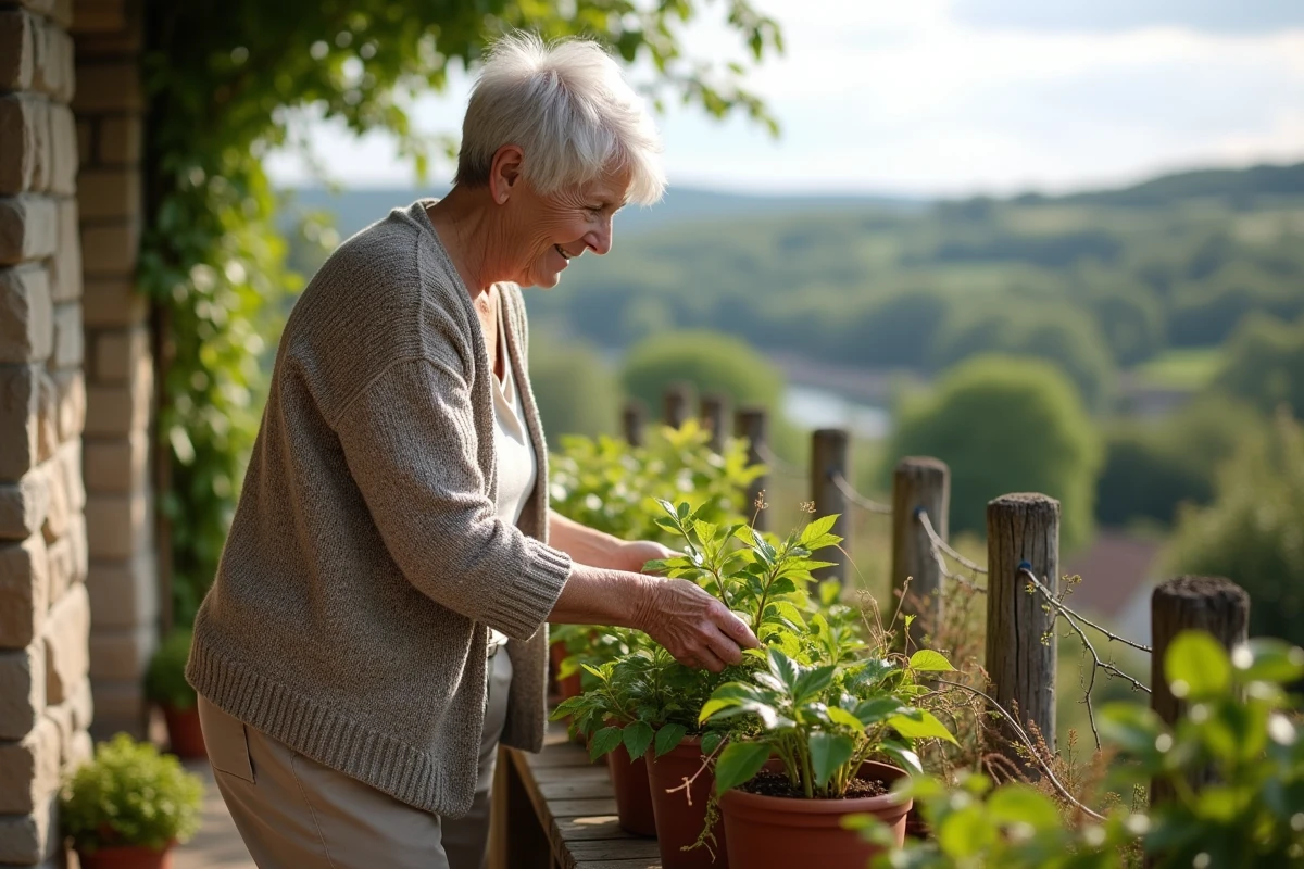 Femme retraitée jardinant sur la terrasse d