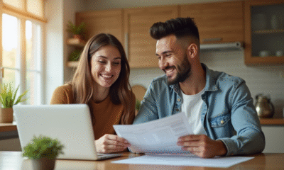 Jeune couple souriant à la maison pour l'investissement immobilier