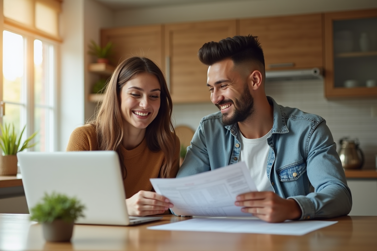 Jeune couple souriant à la maison pour l'investissement immobilier