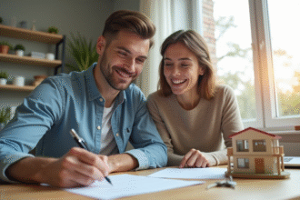 Jeune couple souriant signant un contrat de prêt immobilier