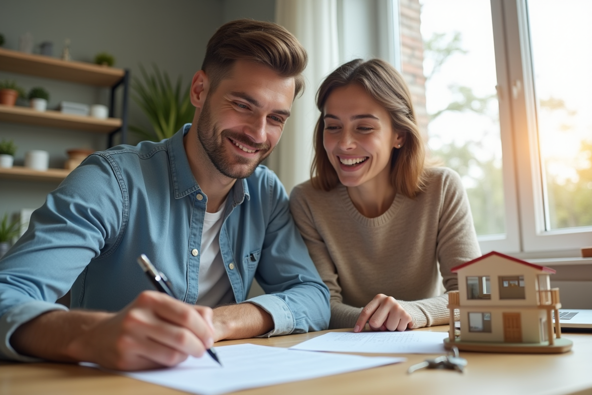 Jeune couple souriant signant un contrat de prêt immobilier
