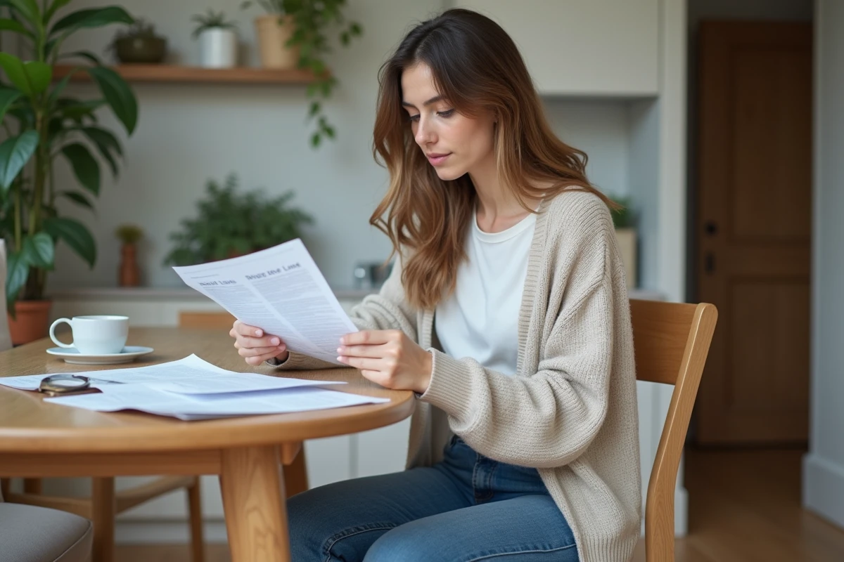Jeune femme à la maison examine un contrat de location