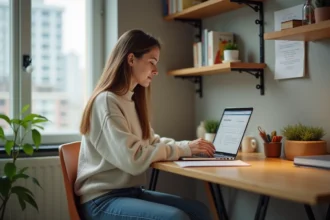 Jeune femme étudiante travaillant sur son ordinateur dans un petit appartement