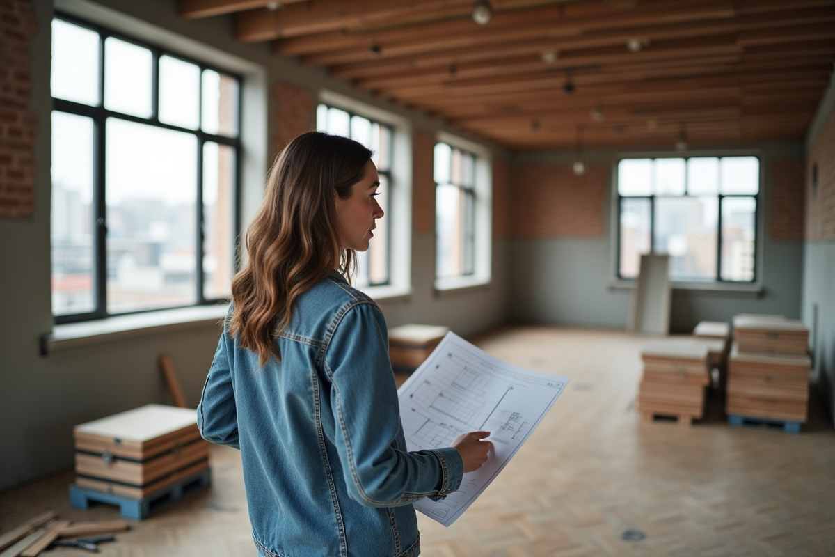 Jeune femme examinant des plans dans un appartement en rénovation