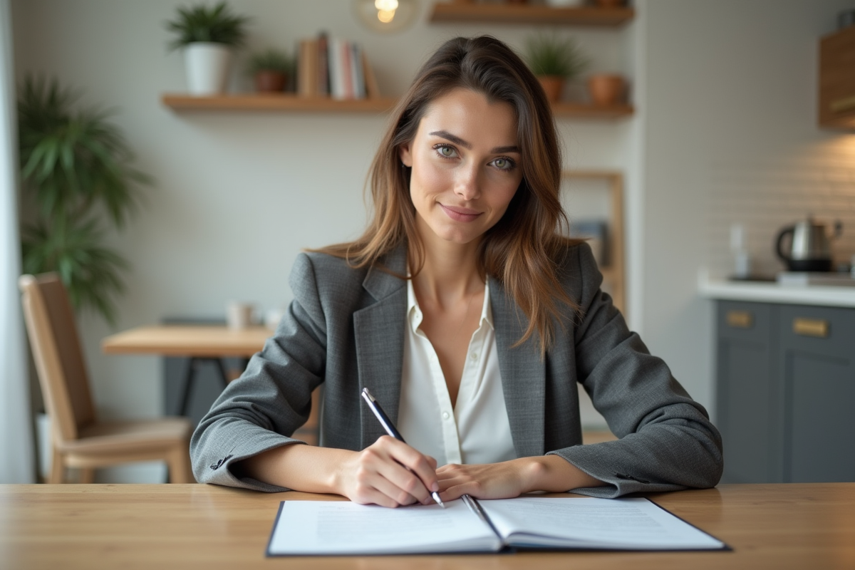 Jeune femme signant un contrat de location dans un appartement moderne