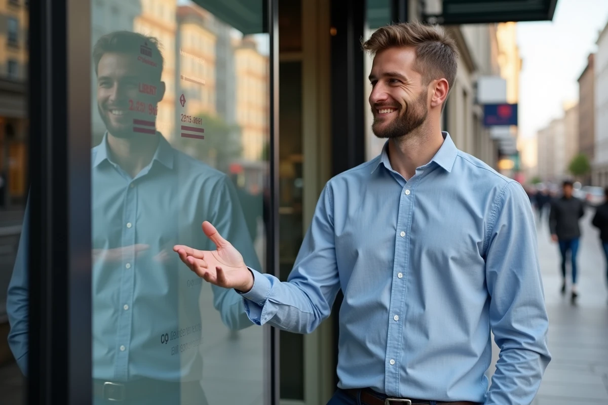 Jeune homme devant une agence immobiliere montre des annonces digitales