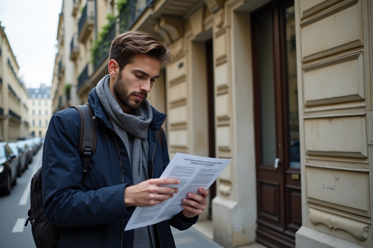 Jeune homme lit un avis de location devant un immeuble parisien