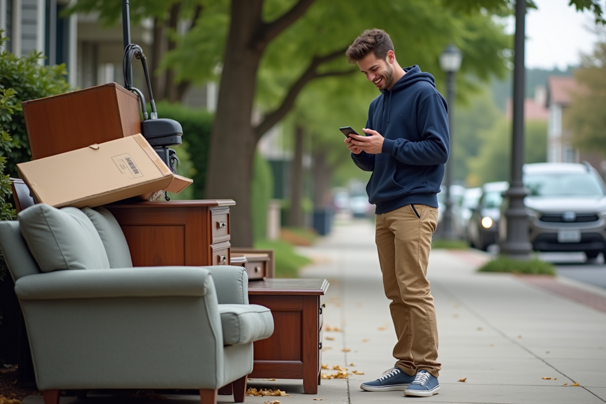 Jeune homme souriant devant un tas de meubles usagés dans la rue urbaine