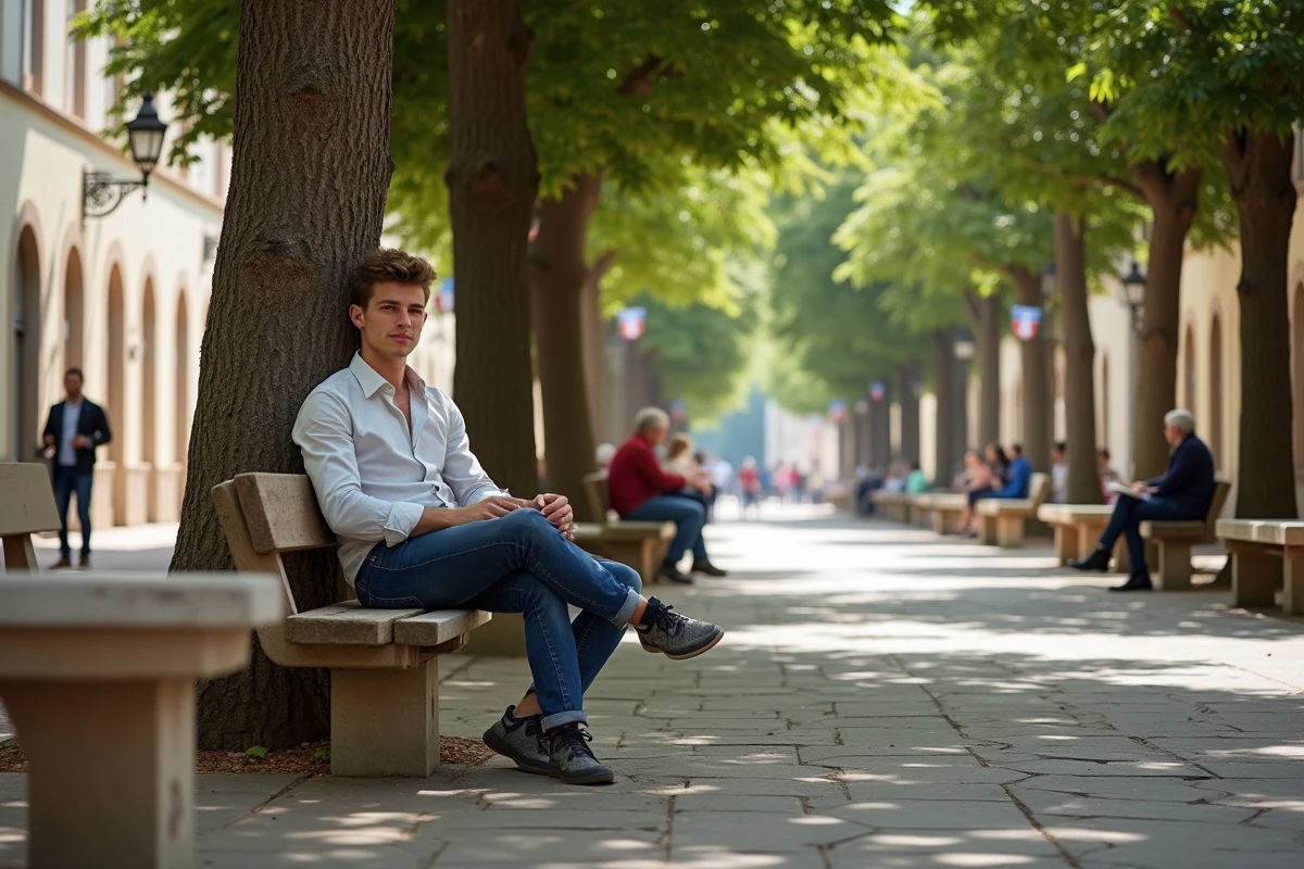 Jeune homme assis sous arbre dans une place de Bayonne