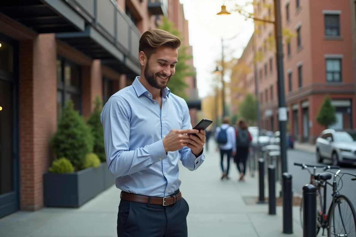Jeune homme dans la rue vérifiant son smartphone avec sourire