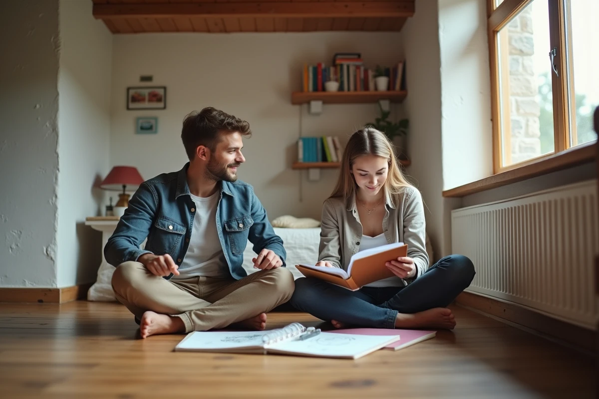 Jeune couple dessinant dans une chambre lumineuse