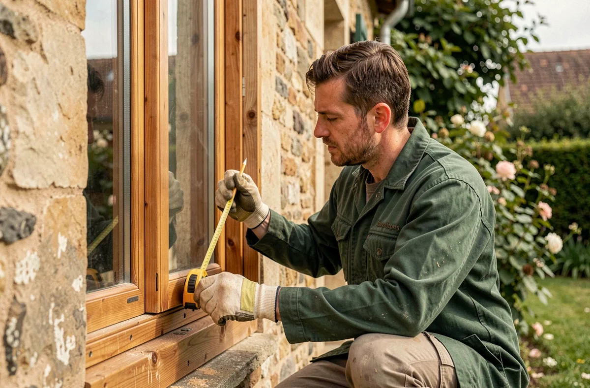 Menuisier de Lefebvre Menuiseries installant un cadre de fenêtre extérieure en bois sur une maison à Caudry