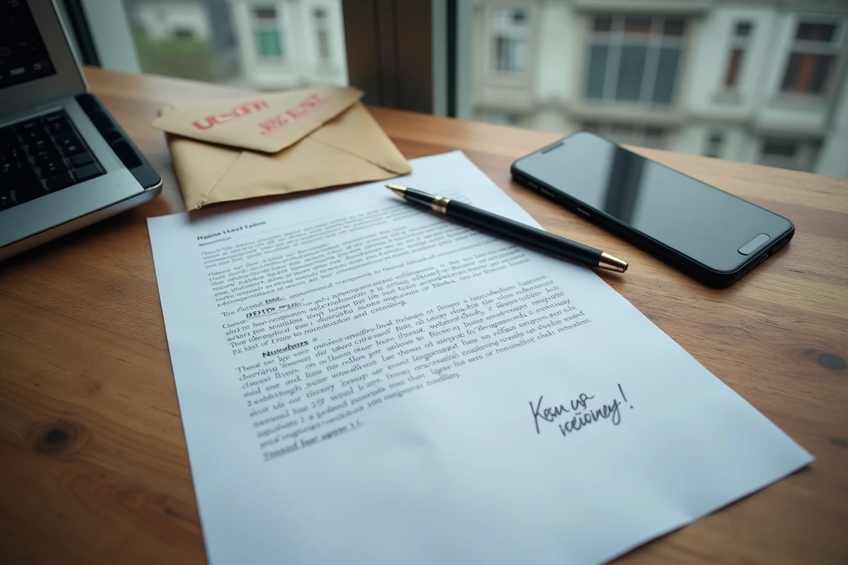 Gros plan sur une lettre de préavis manuscrite posée sur un bureau avec smartphone affichant les droits des locataires pour logement insalubre