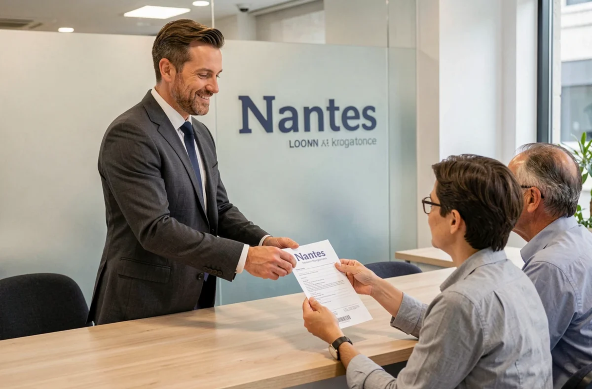 Courtier LG Courtage à Nantes remettant une proposition de prêt immobilier à des clients dans un bureau professionnel