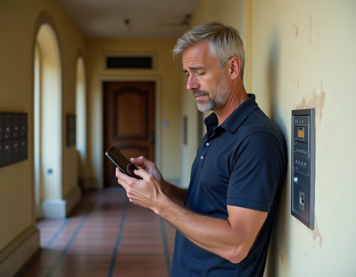 Locataire dans le couloir de son immeuble consultant une application de gestion locative sur smartphone, évoquant la transition numérique entre plateformes
