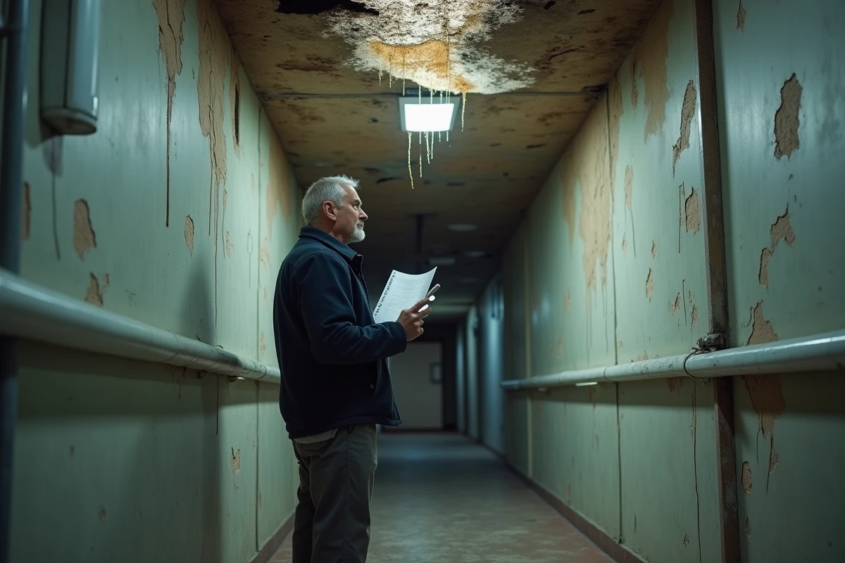 Locataire photographiant des dégâts des eaux au plafond dans un couloir d'immeuble insalubre tenant une lettre de préavis