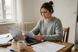 Locataire consultant des documents administratifs sur son ordinateur dans un appartement modeste, illustrant les démarches liées à la gestion locative
