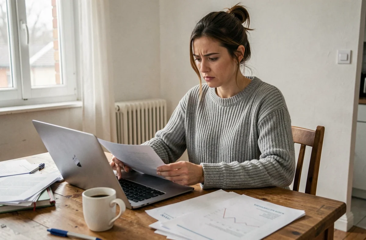 Locataire consultant des documents administratifs sur son ordinateur dans un appartement modeste, illustrant les démarches liées à la gestion locative