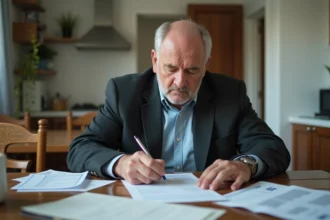 Homme d'âge moyen remplit un formulaire de litige locatif dans sa cuisine