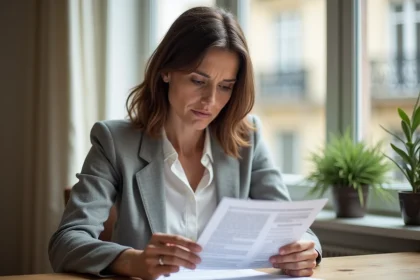 Femme locataire en zone tendue consultant son contrat de bail dans un appartement parisien