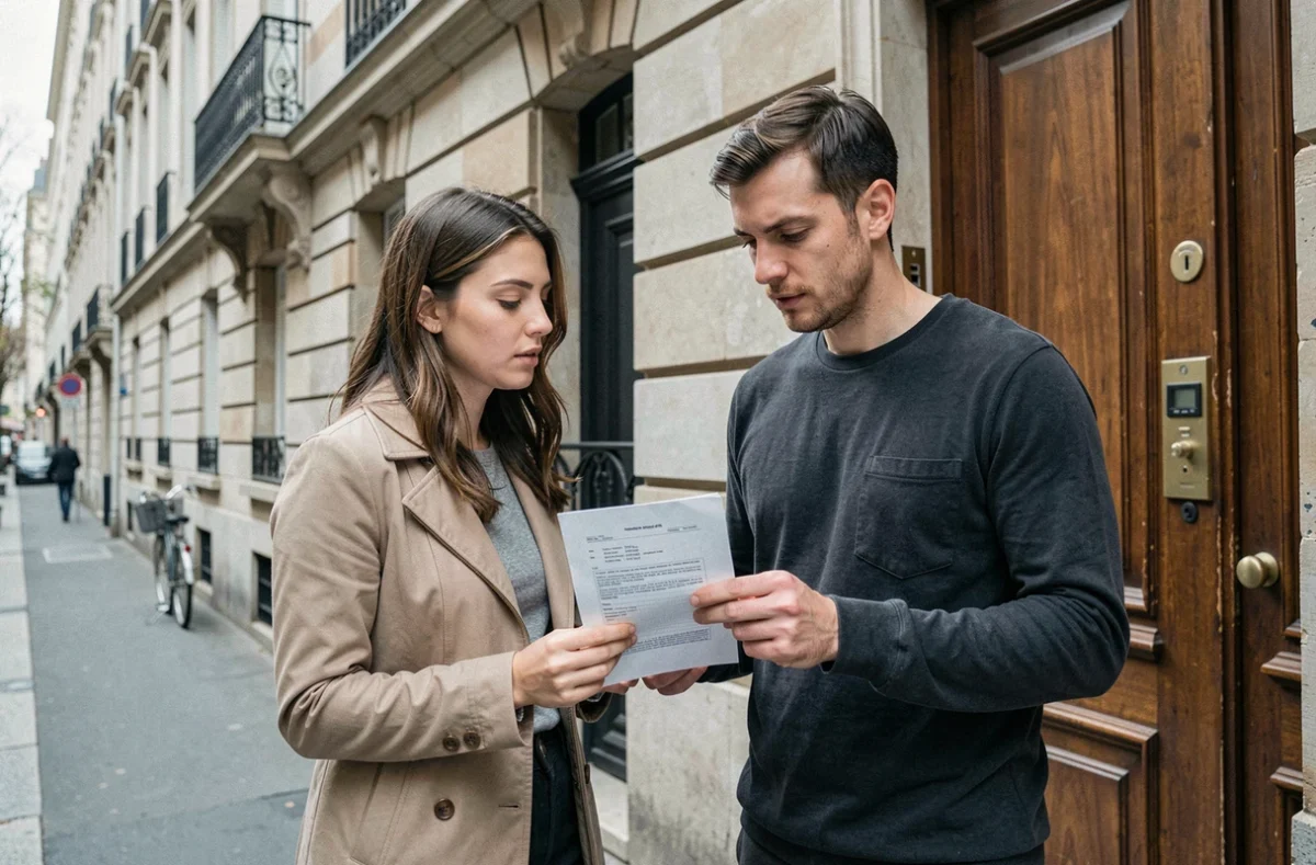 Deux locataires devant un immeuble parisien examinant un contrat de bail, illustrant les changements apportés par les nouvelles plateformes de gestion locative