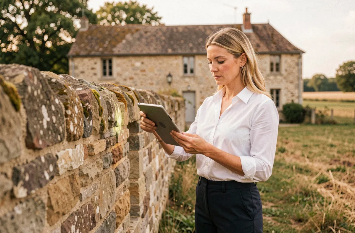 Consultante en efficacité énergétique de Logista Hometech utilisant une tablette thermique près d'une propriété à Château-l'Abbaye